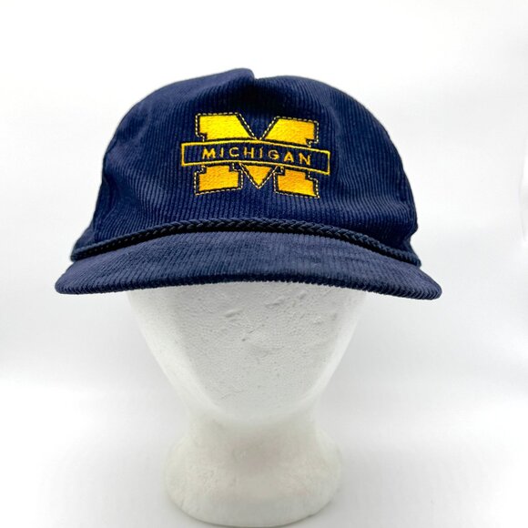 Vintage University Michigan Corduroy Snapback Hat Blue UM Wolverines w/ Rope